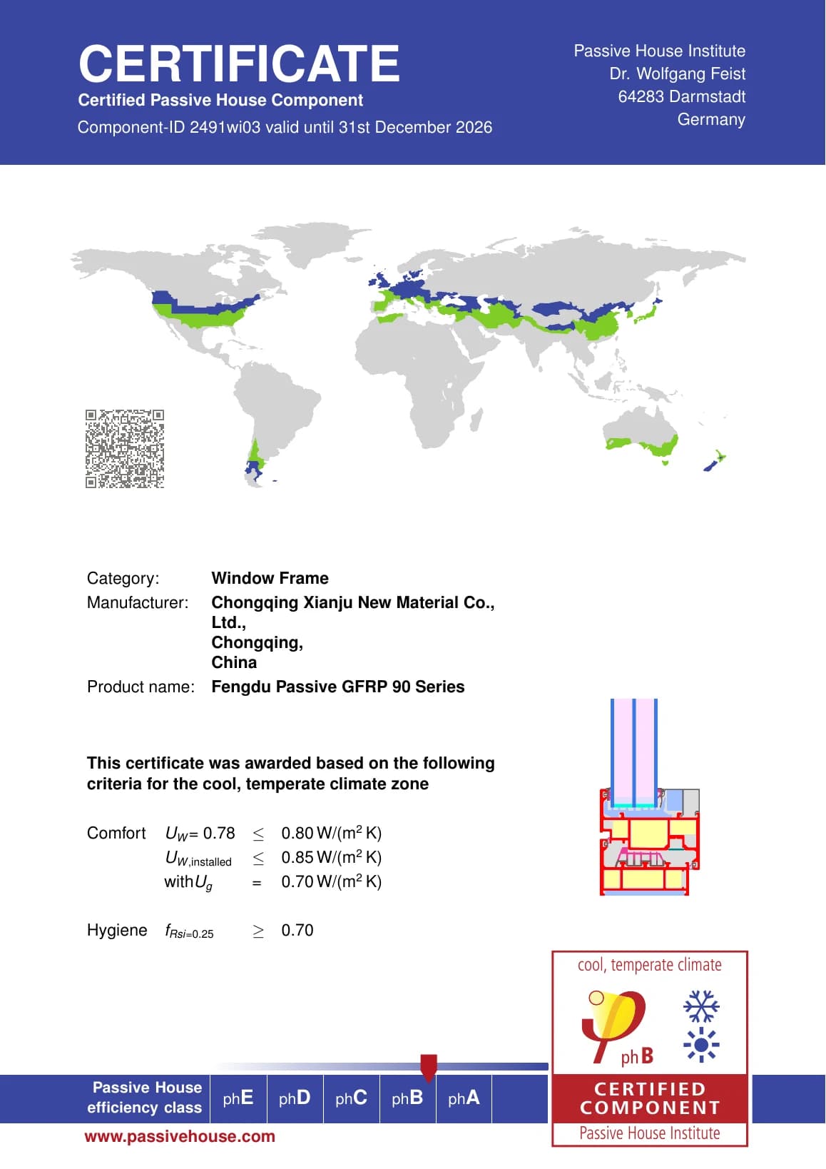 Passive House Institute certificate 2491wi03 for Fengdu Passive GFRP 90 Series
