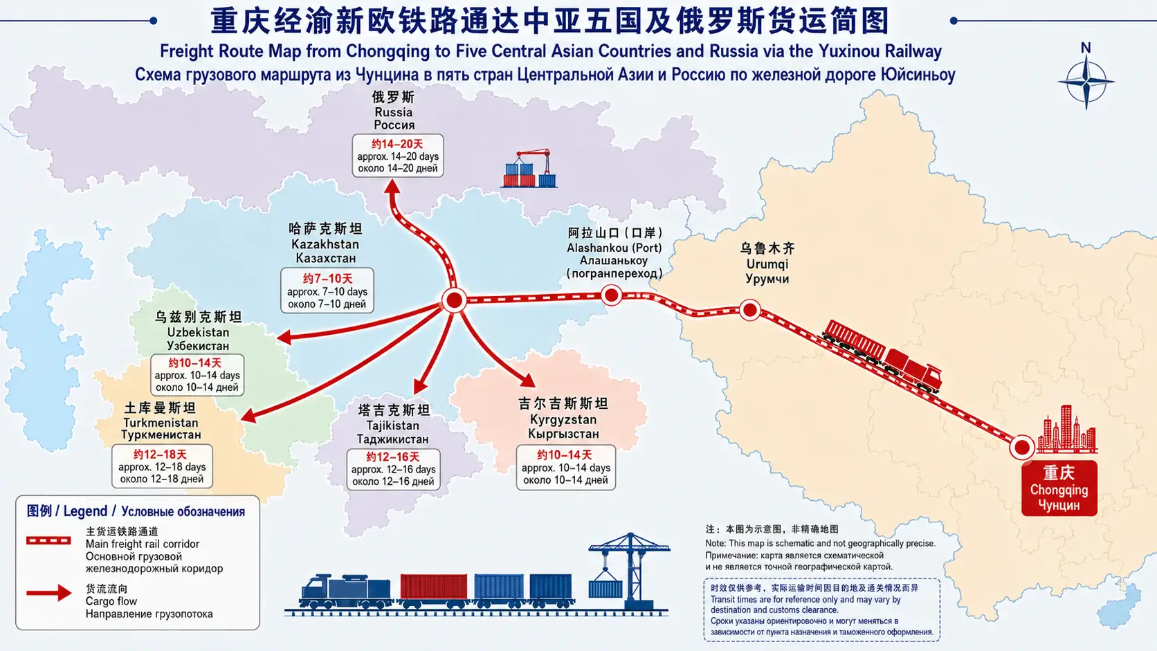 Yuxinou railway freight route map from Chongqing to Kazakhstan, Uzbekistan, Turkmenistan, Tajikistan, Kyrgyzstan and Russia